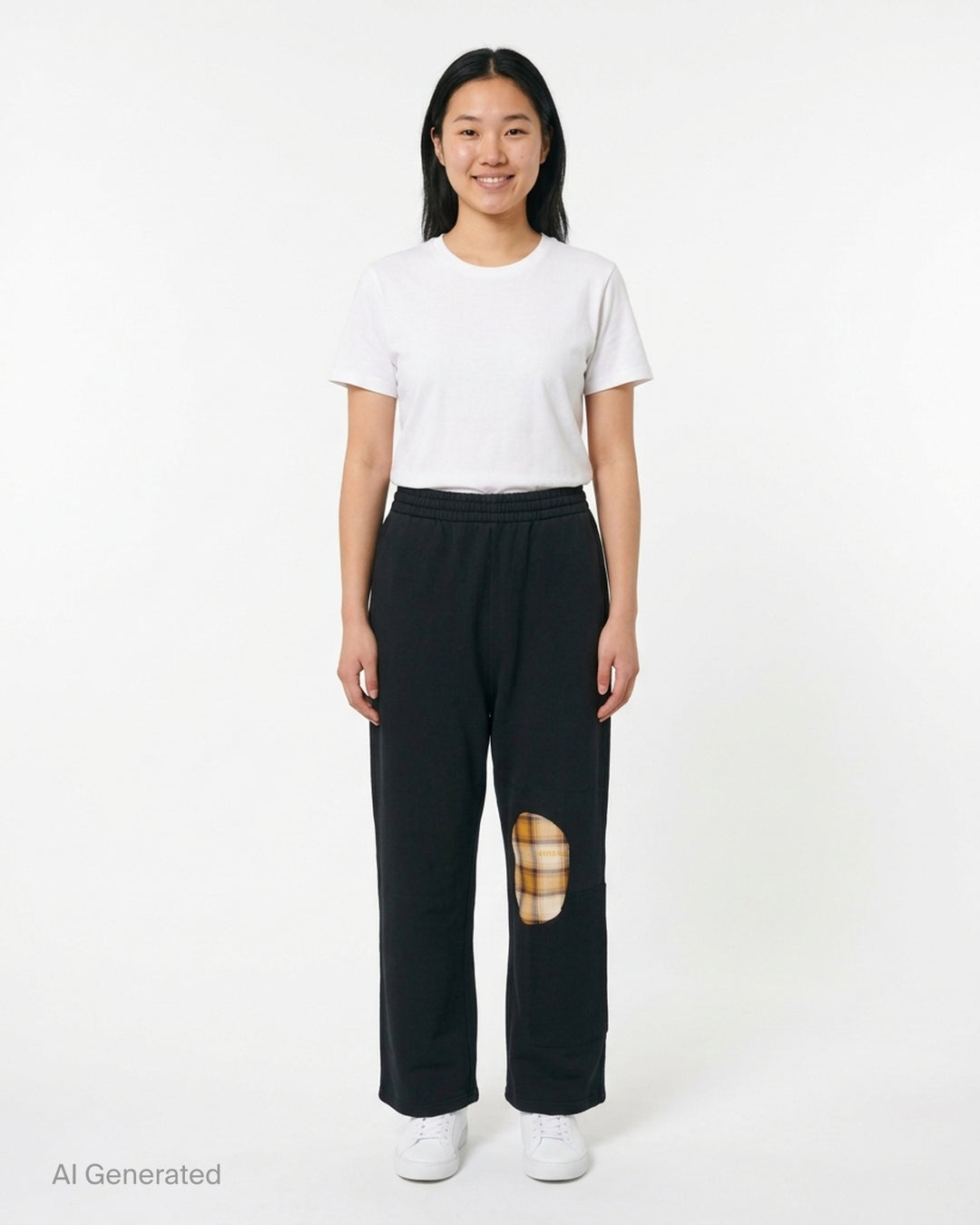 We11done Black Repaired Sweatpants with amber tartan plaid knee patch and embroidered logo, wide-leg relaxed fit, elasticated waistband, front view on white background - front