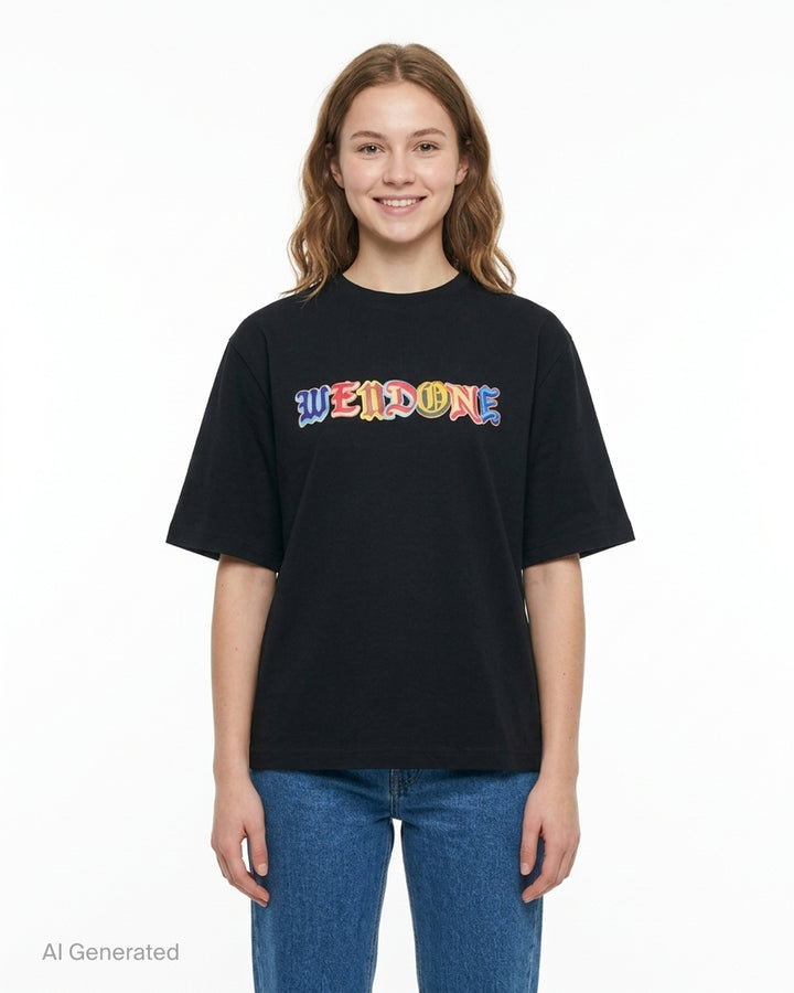We11done black short sleeve oversized tee with multicolour Old English logo patch graphic across the chest - front