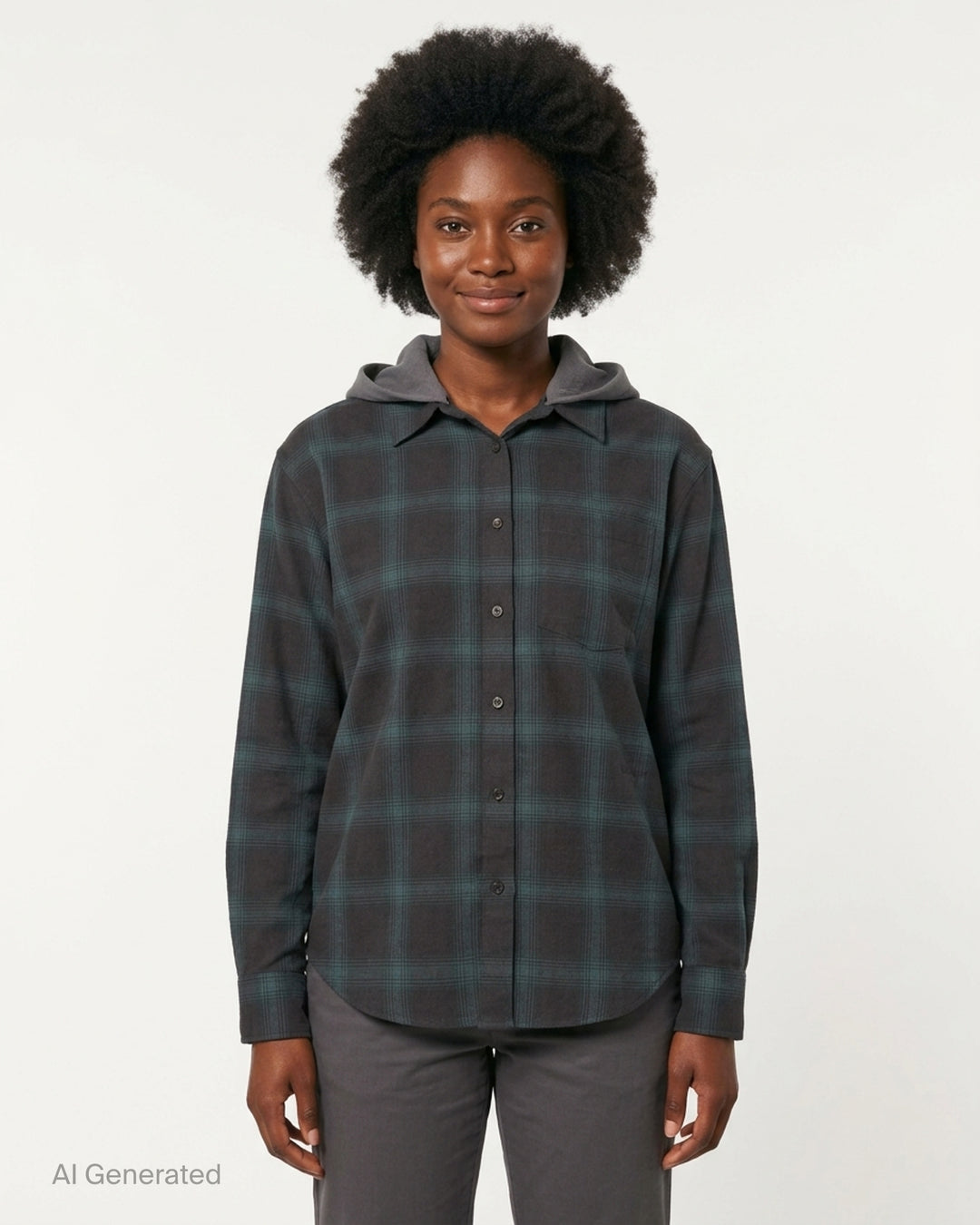 We11done Detachable Hood Plaid Shirt in dark brown and blue shadow check, featuring a removable grey hood, point collar, and full button-front closure in an oversized fit - front