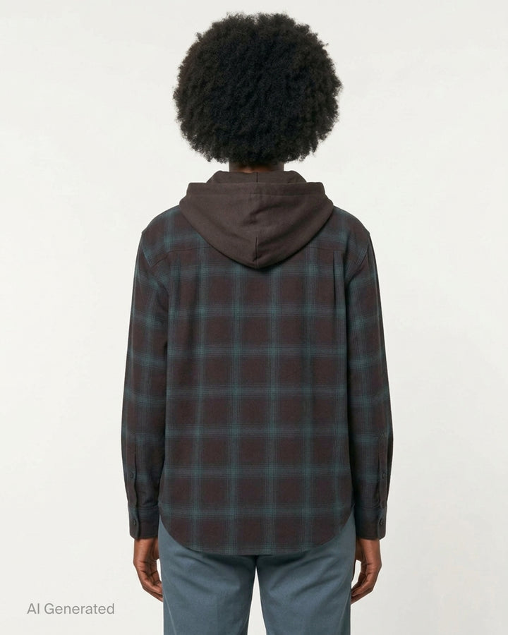 We11done Detachable Hood Plaid Shirt in dark brown and blue shadow check, featuring a removable grey hood, point collar, and full button-front closure in an oversized fit - back