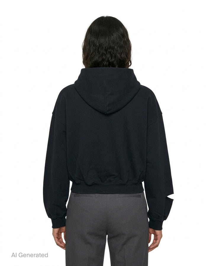 We11done Black Repaired Zip-Up Hoodie with plaid-lined cut-out distressing, silver zip closure, and cropped oversized silhouette, front view on white background - back