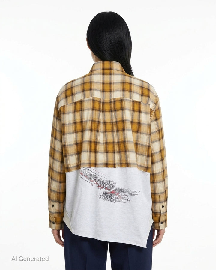 We11done Reworked Plaid Jersey Shirt in mustard yellow tartan flannel with burgundy varsity-lettered and ecru cartographic jersey panels, front view - back