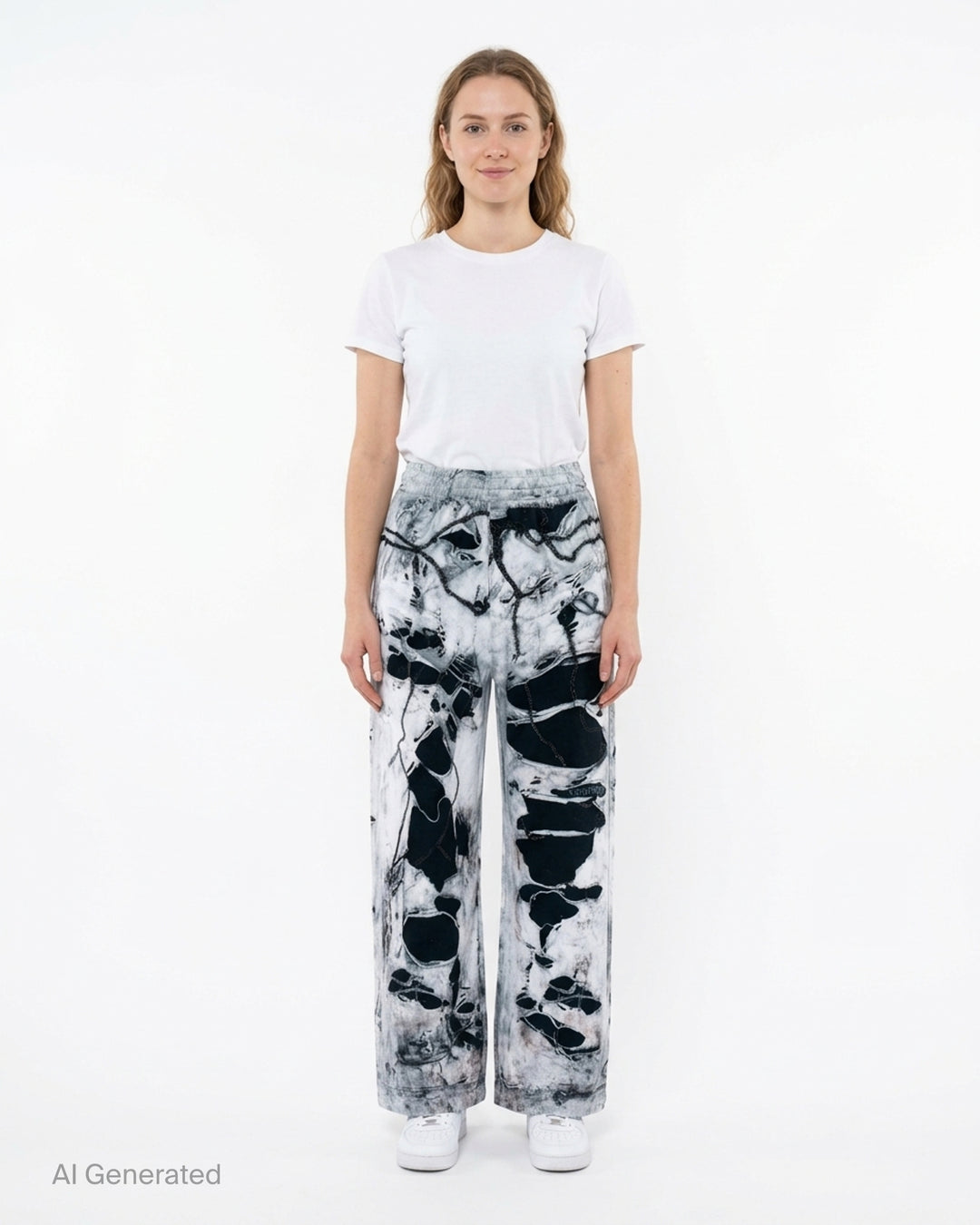 We11done Vintage Printed Sweatpants in light grey, back view, featuring an allover trompe-l'œil print of heavy distressing, chain hardware, and exposed dark denim layers on a wide-leg silhouette - front
