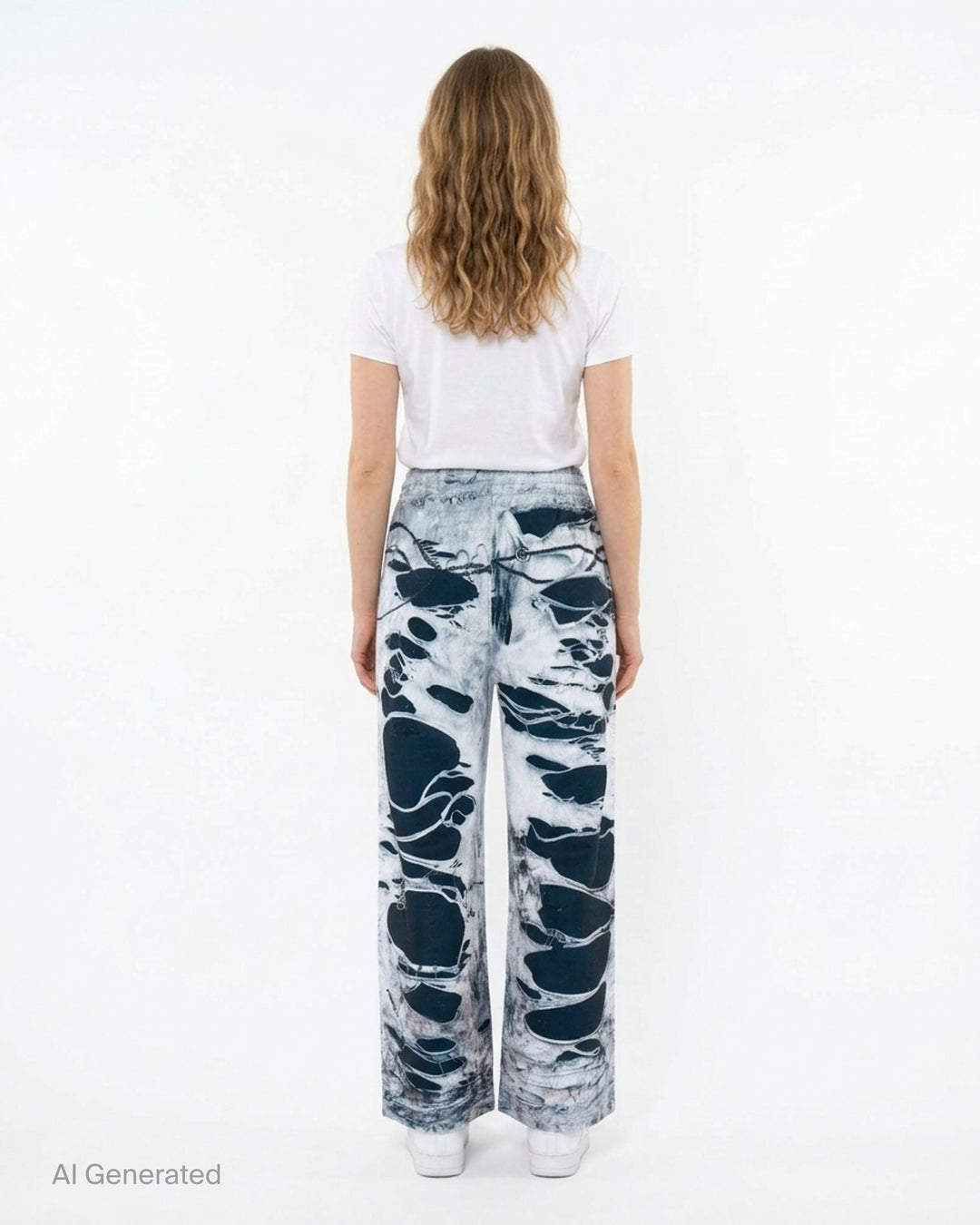 We11done Vintage Printed Sweatpants in light grey, back view, featuring an allover trompe-l'œil print of heavy distressing, chain hardware, and exposed dark denim layers on a wide-leg silhouette - back