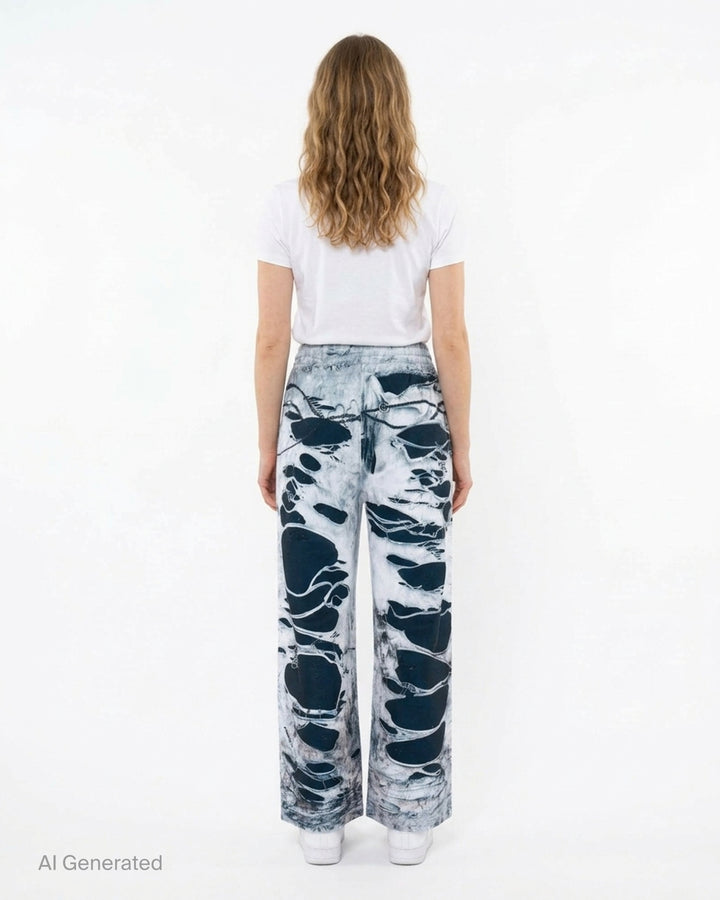 We11done Vintage Printed Sweatpants in light grey, back view, featuring an allover trompe-l'œil print of heavy distressing, chain hardware, and exposed dark denim layers on a wide-leg silhouette - back