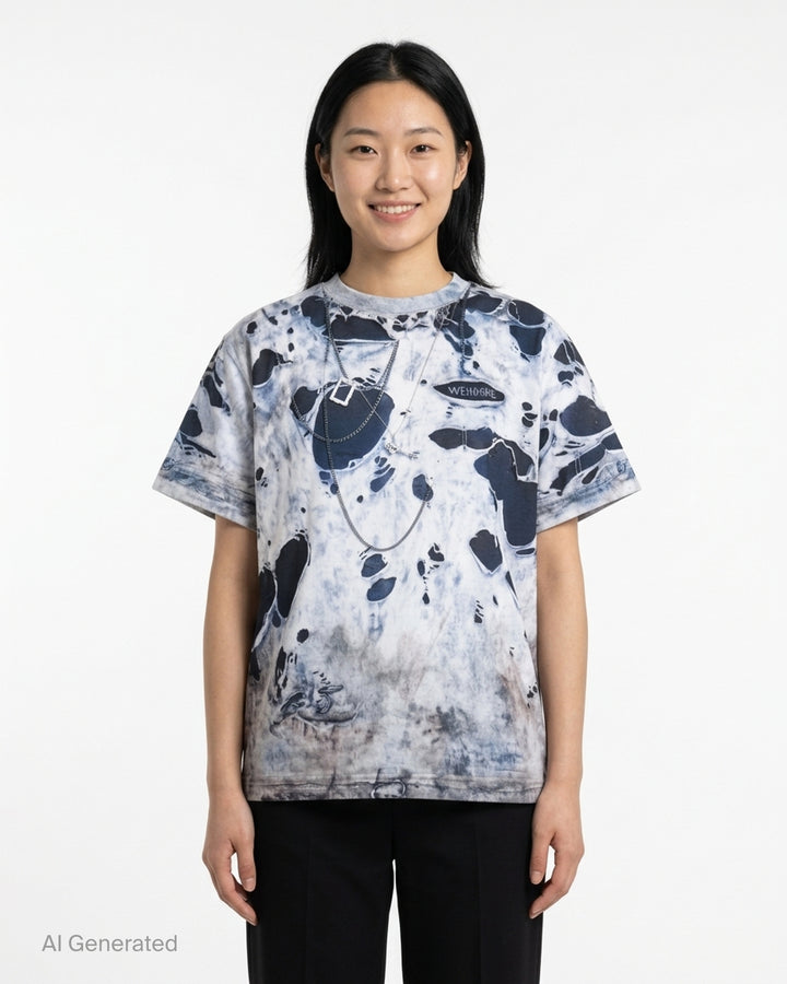 We11done Vintage Printed T-Shirt in light grey with photorealistic all-over distressed denim and chain necklace trompe-l'oeil print, boxy crew-neck silhouette - front