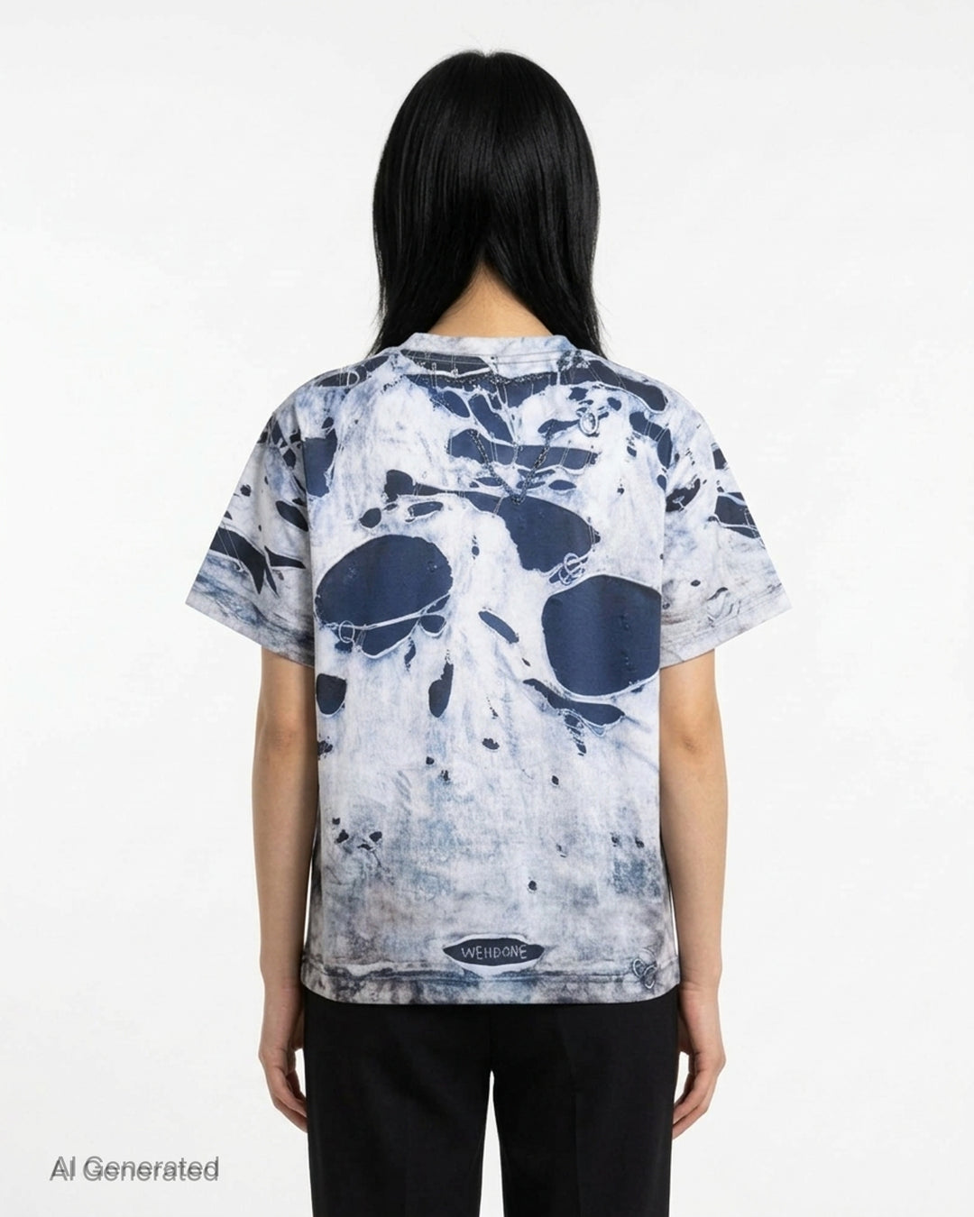 We11done Vintage Printed T-Shirt in light grey with photorealistic all-over distressed denim and chain necklace trompe-l'oeil print, boxy crew-neck silhouette - back