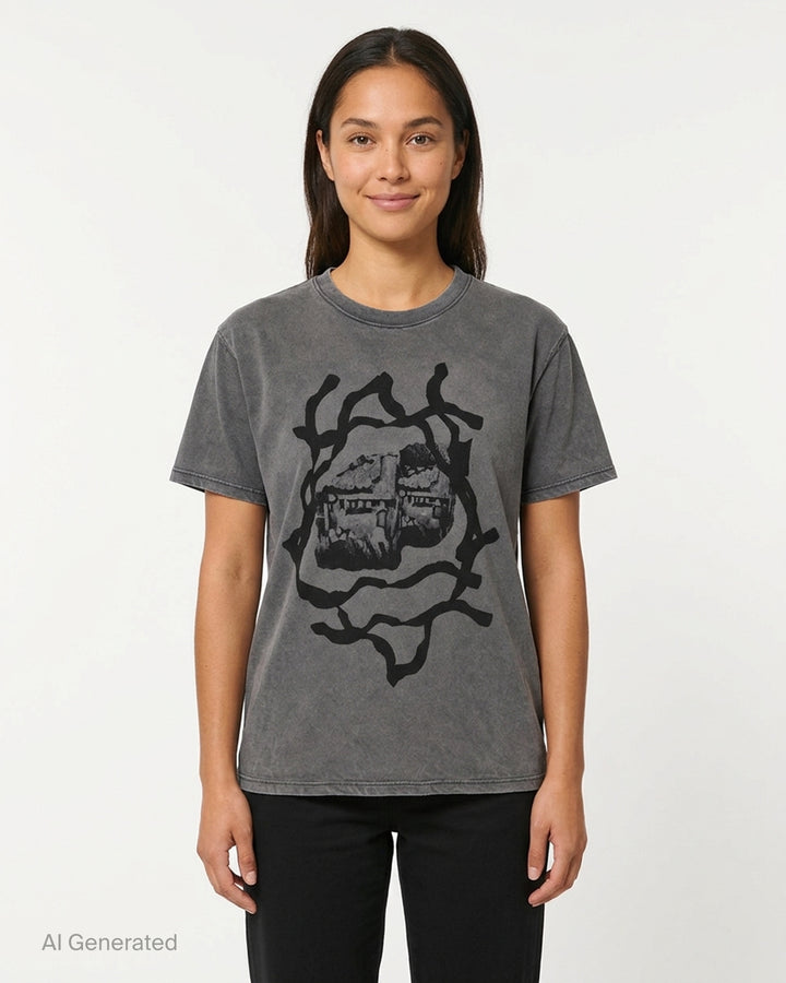 Westfall Ginji short sleeve T-shirt in washed charcoal with a black cottage graphic surrounded by twisting branches - front