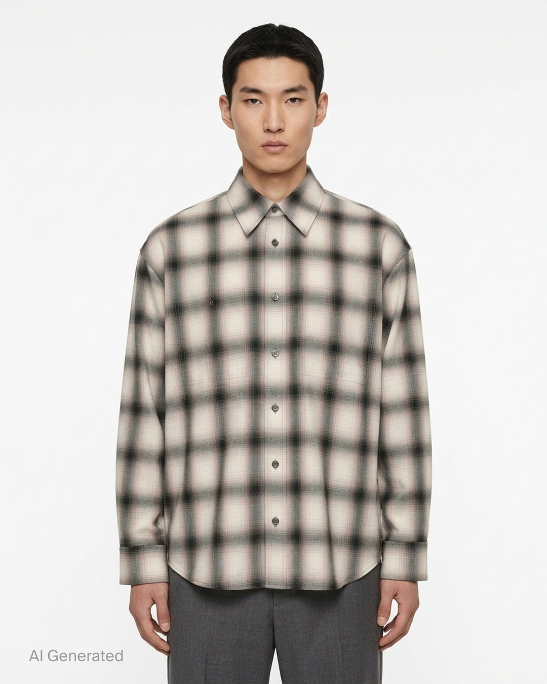 Wooyoungmi ombré shadow plaid long sleeve shirt in cream and charcoal, featuring a point collar, full button placket with gunmetal buttons, chest patch pocket, and a curved hem - front