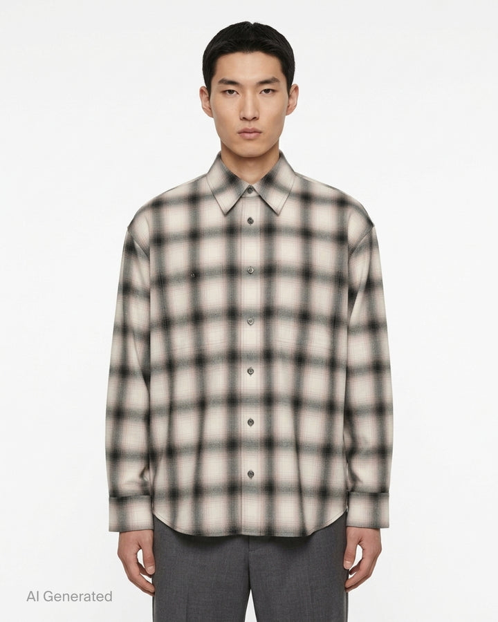 Wooyoungmi ombré shadow plaid long sleeve shirt in cream and charcoal, featuring a point collar, full button placket with gunmetal buttons, chest patch pocket, and a curved hem - front