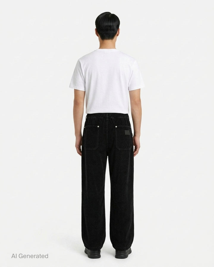 Wooyoungmi black corduroy wide-leg pants with elasticated waistband, buckle hardware, articulated knee panels, and cuffed hems, displayed flat on a white background - back