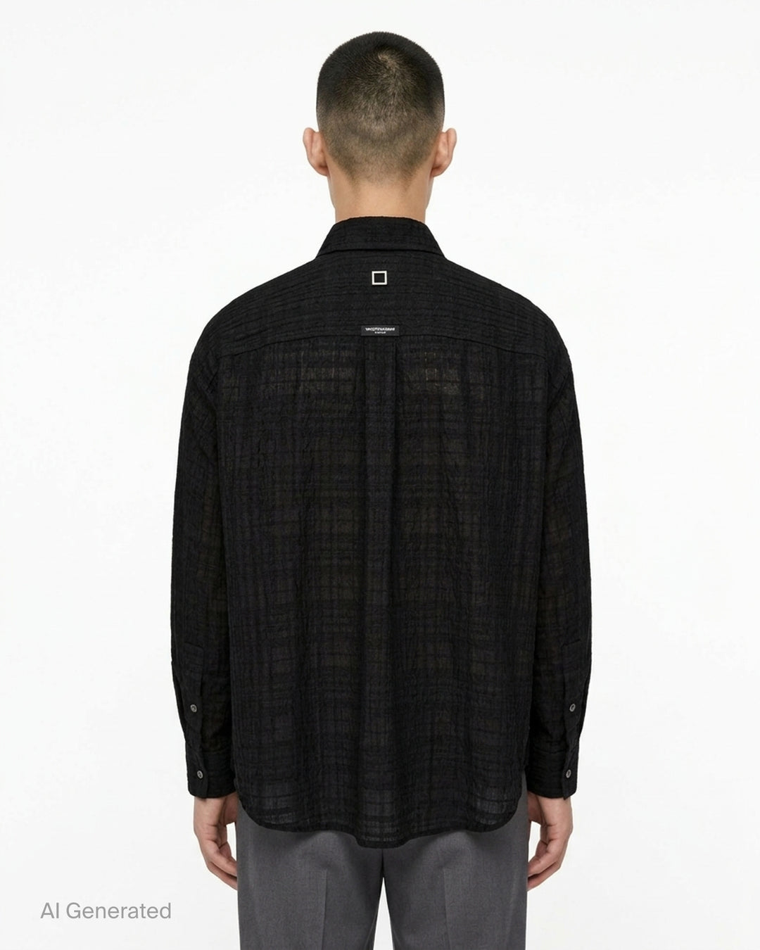 Wooyoungmi Crinkled Texture Long Sleeve Shirt in black, featuring a semi-sheer tonal plaid weave, button-down collar, chest patch pocket, and tone-on-tone Wooyoungmi Paris logo - back