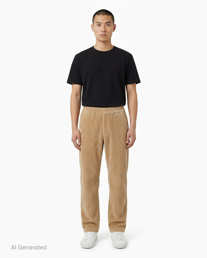 Wooyoungmi Flock Corduroy Track Pants in sand, featuring a wide-wale ribbed texture, elasticated waistband, and straight-leg silhouette with metal hardware label detail - front