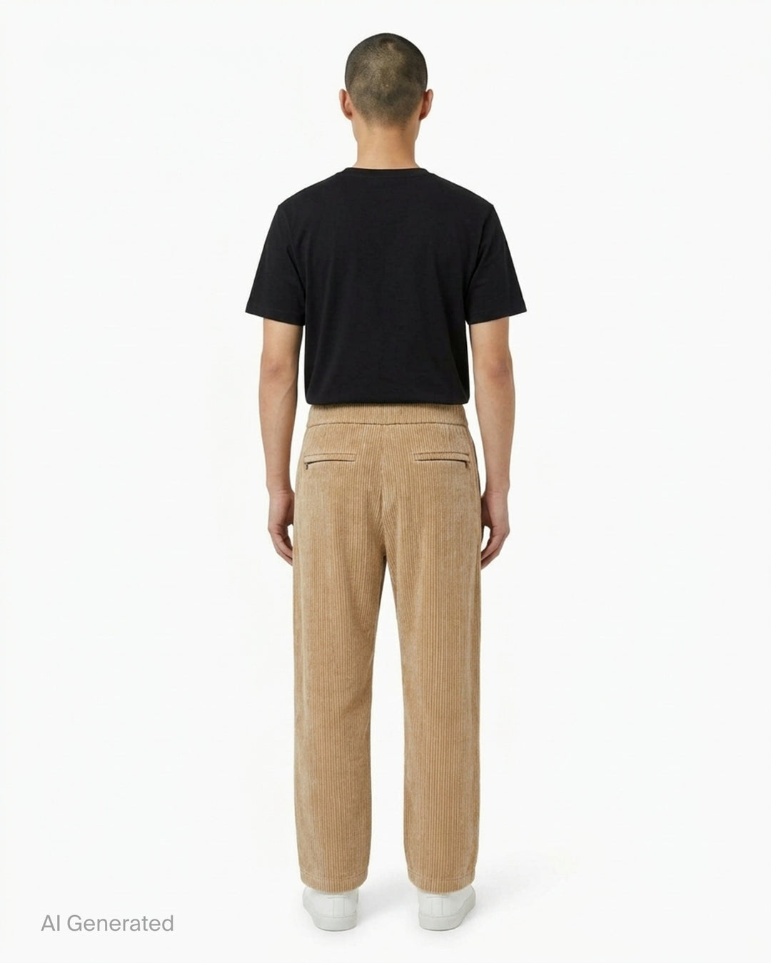 Wooyoungmi Flock Corduroy Track Pants in sand, featuring a wide-wale ribbed texture, elasticated waistband, and straight-leg silhouette with metal hardware label detail - back