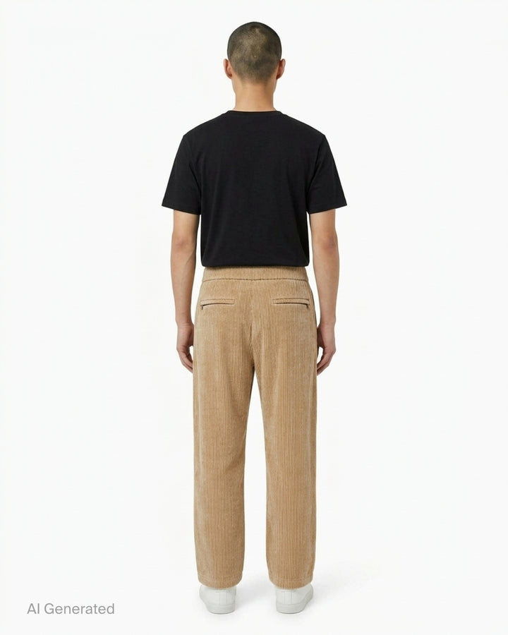 Wooyoungmi Flock Corduroy Track Pants in sand, featuring a wide-wale ribbed texture, elasticated waistband, and straight-leg silhouette with metal hardware label detail - back