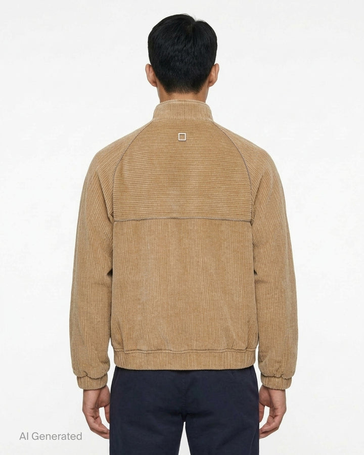 Wooyoungmi Flock Track Jacket in beige wide-wale corduroy with full-length silver zip, mock neck collar, raglan sleeves, and tonal logo patch - back