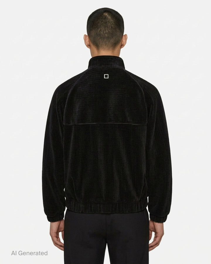 Wooyoungmi Flock Track Jacket in beige wide-wale corduroy with full-length silver zip, mock neck collar, raglan sleeves, and tonal logo patch - back