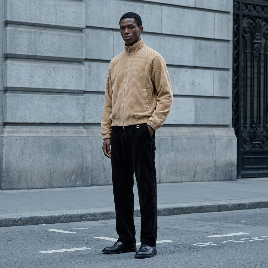 Wooyoungmi Flock Track Jacket in beige wide-wale corduroy with full-length silver zip, mock neck collar, raglan sleeves, and tonal logo patch - lifestyle