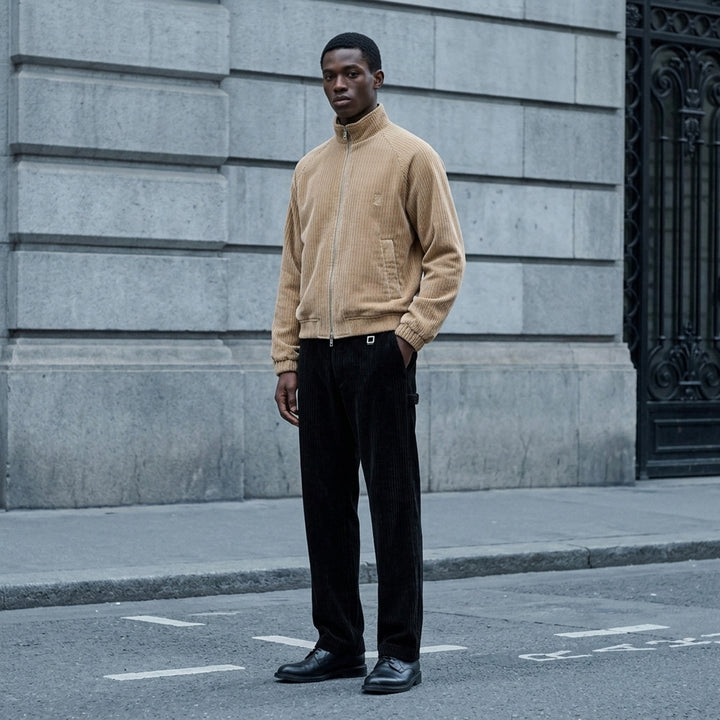 Wooyoungmi Flock Track Jacket in beige wide-wale corduroy with full-length silver zip, mock neck collar, raglan sleeves, and tonal logo patch - lifestyle
