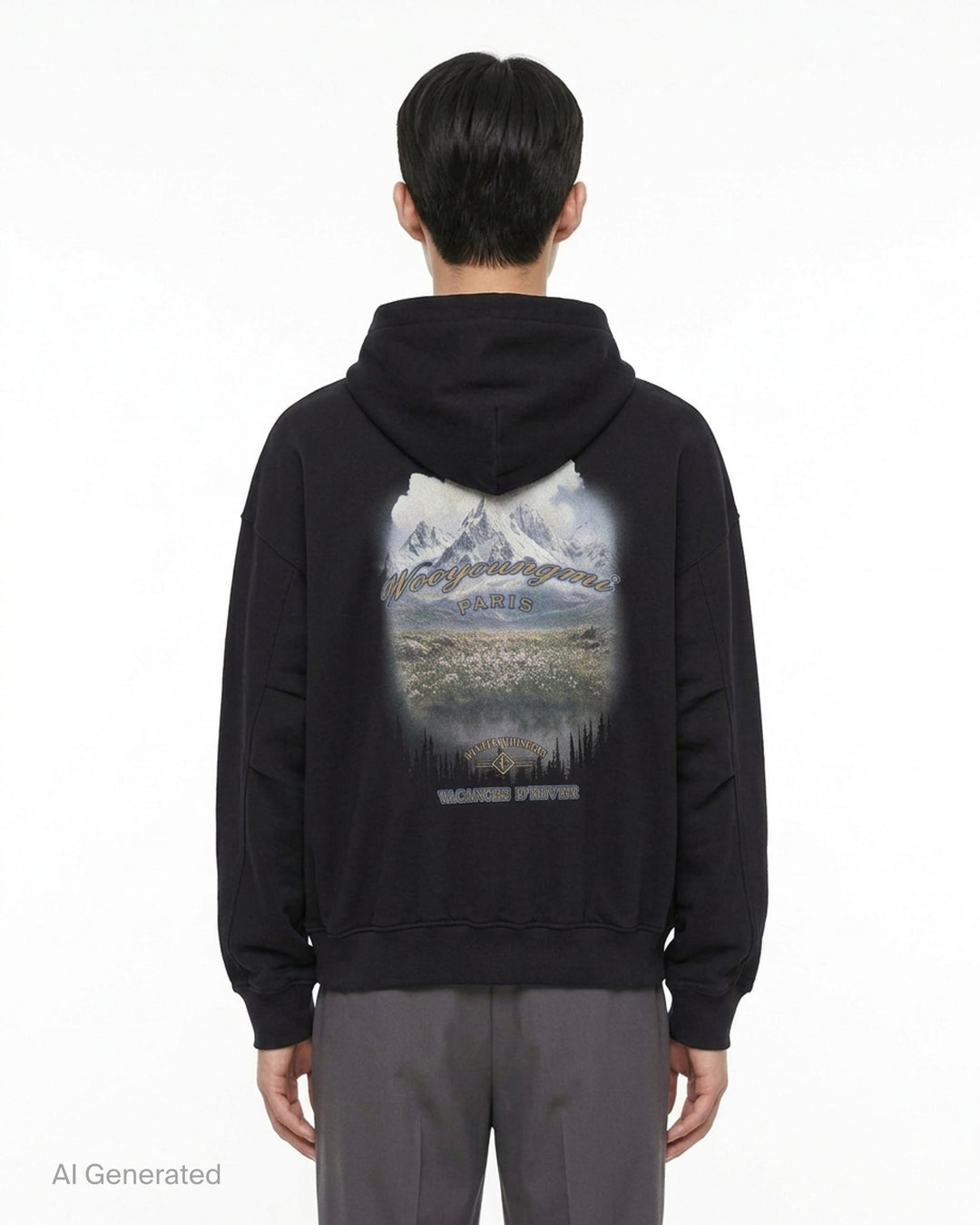 Black Wooyoungmi zip-up hoodie with padlock-style zip pull, stud-detailed kangaroo pockets and small gold logo on the chest - back
