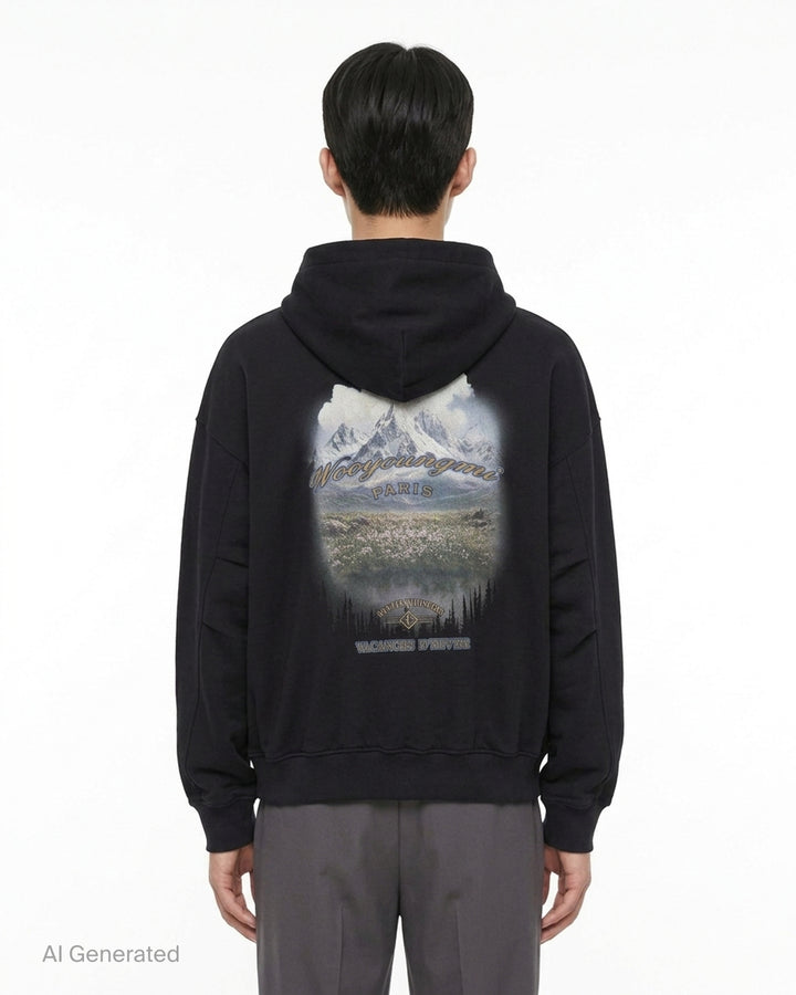 Black Wooyoungmi zip-up hoodie with padlock-style zip pull, stud-detailed kangaroo pockets and small gold logo on the chest - back