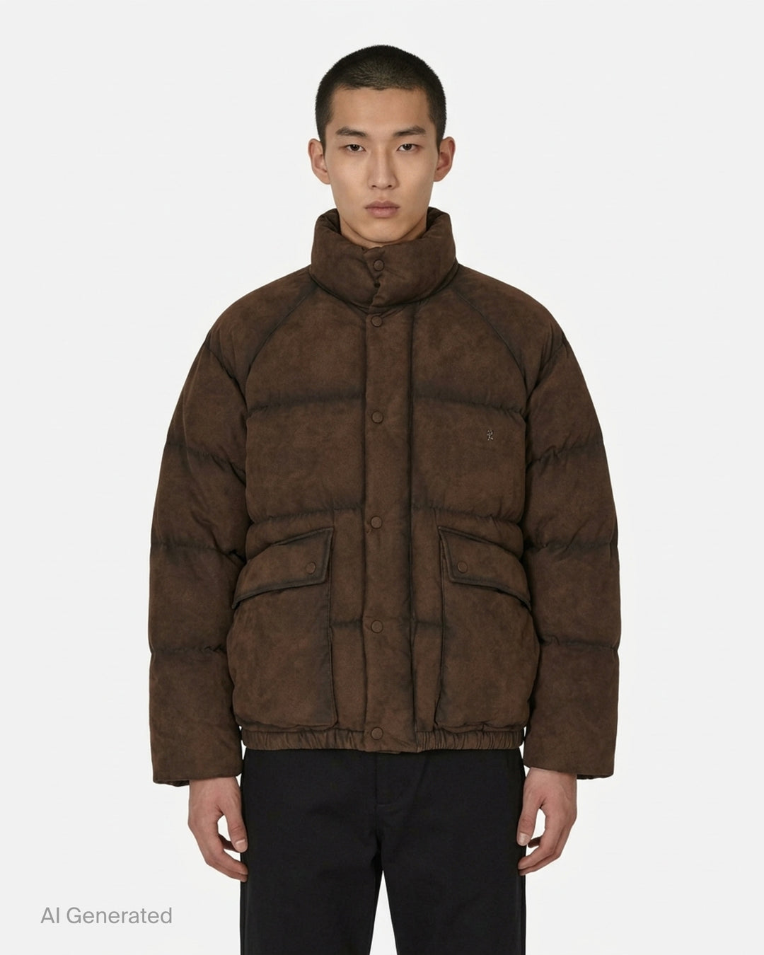 Wooyoungmi mens chocolate brown suede-effect quilted down puffer jacket with high stand collar, snap-button placket, and cargo flap pockets - front
