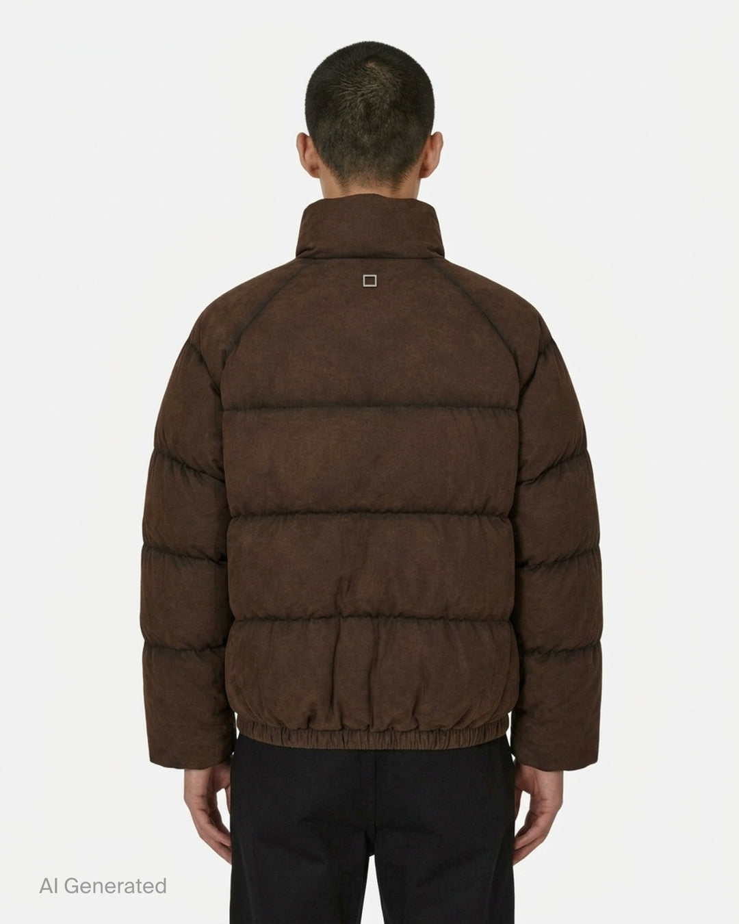 Wooyoungmi mens chocolate brown suede-effect quilted down puffer jacket with high stand collar, snap-button placket, and cargo flap pockets - back