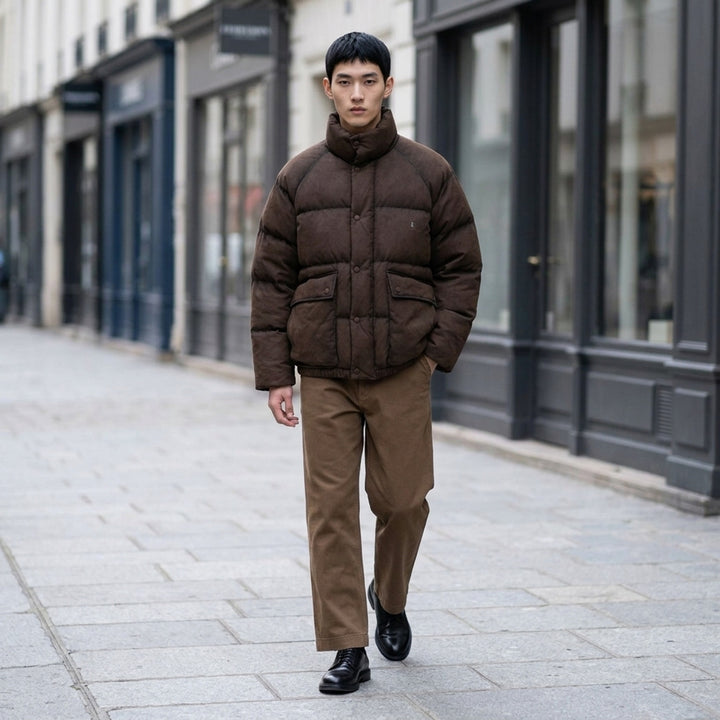 Wooyoungmi mens chocolate brown suede-effect quilted down puffer jacket with high stand collar, snap-button placket, and cargo flap pockets - lifestyle