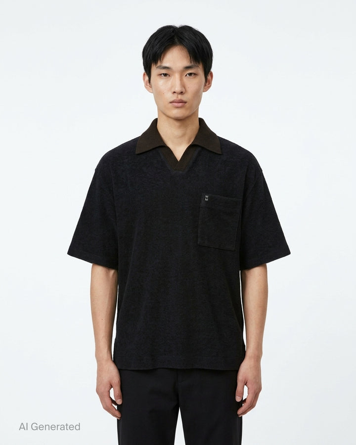 Wooyoungmi Oversized Textured Polo in black, featuring an open-placket collar, boxy short-sleeve silhouette, chest patch pocket with tonal WM monogram badge, and side hem vents - front