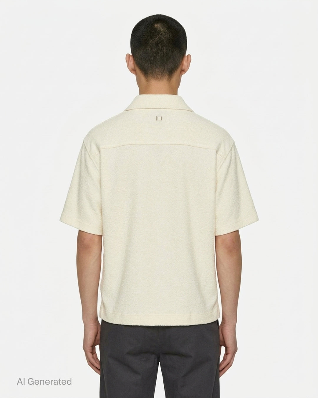 Wooyoungmi Oversized Textured Polo in black, featuring an open-placket collar, boxy short-sleeve silhouette, chest patch pocket with tonal WM monogram badge, and side hem vents - back