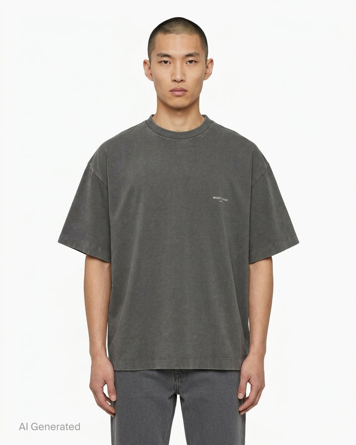 Wooyoungmi Vacances D'Hiver oversized crewneck tee in acid-washed brown with tonal chest logo embroidery - front
