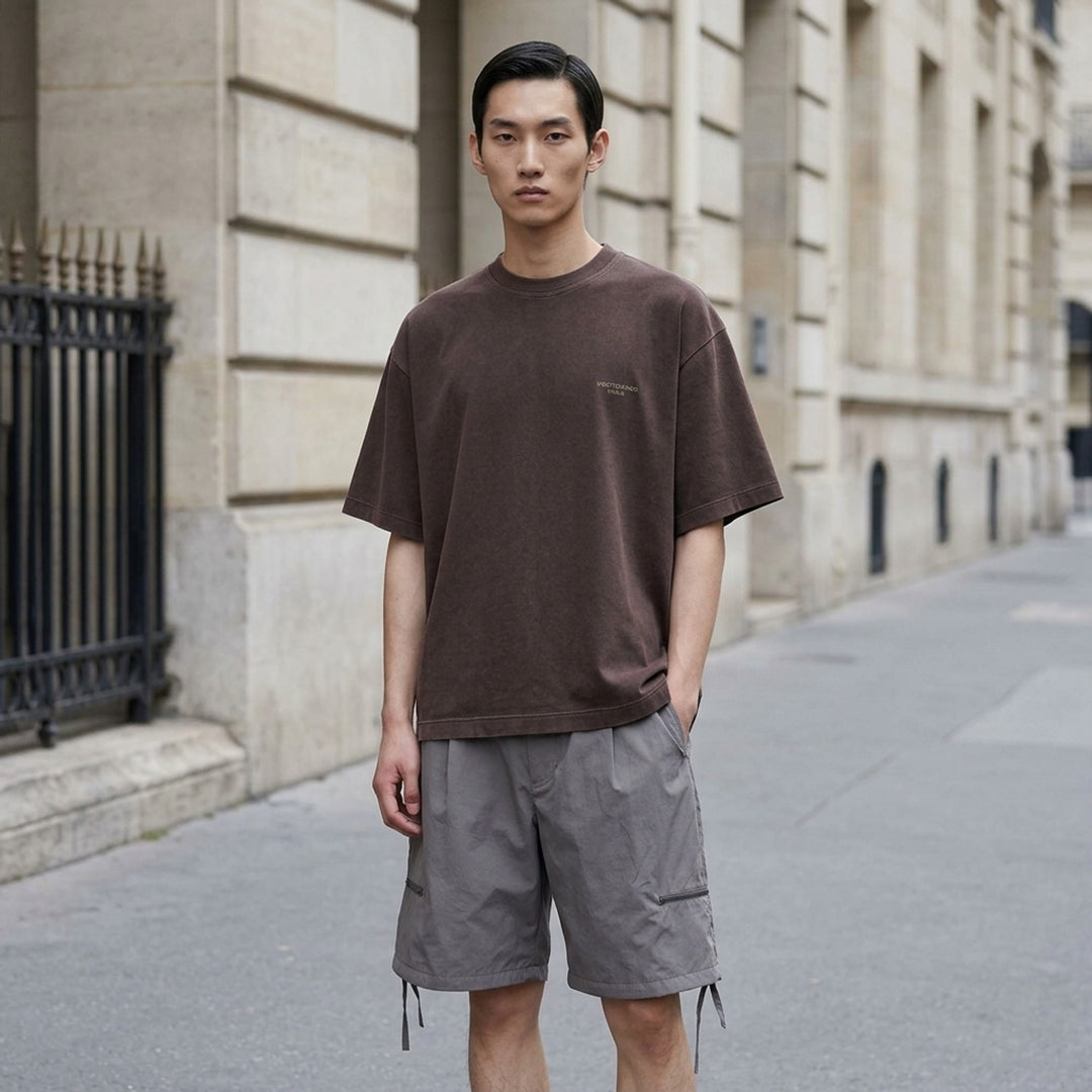 Wooyoungmi Vacances D'Hiver oversized crewneck tee in acid-washed brown with tonal chest logo embroidery - lifestyle