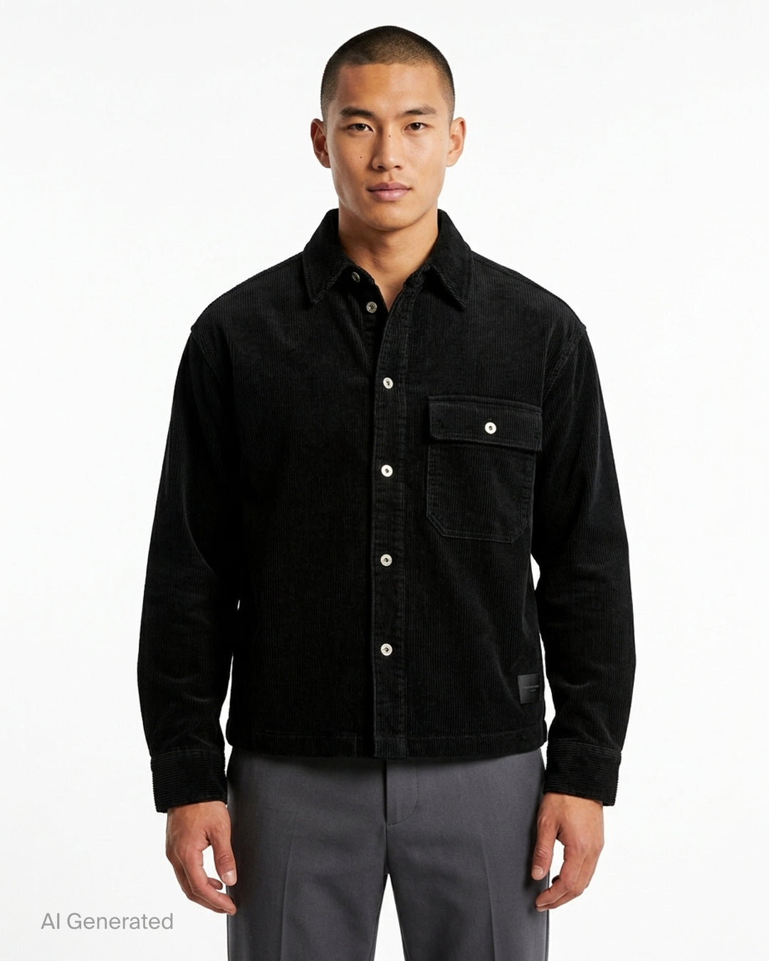 Wooyoungmi Washed Corduroy Overshirt in black, front view, showing ribbed texture, button fastening, chest pocket, and branding label at hem - front