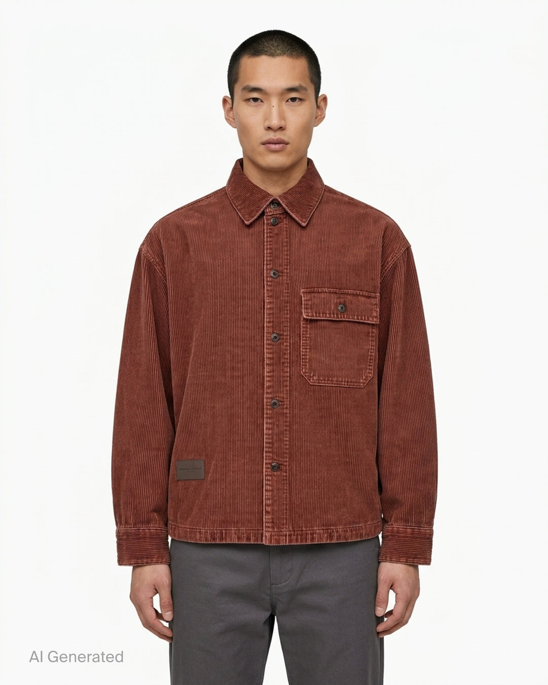 Wooyoungmi Washed Corduroy Overshirt in black, front view, showing ribbed texture, button fastening, chest pocket, and branding label at hem - front