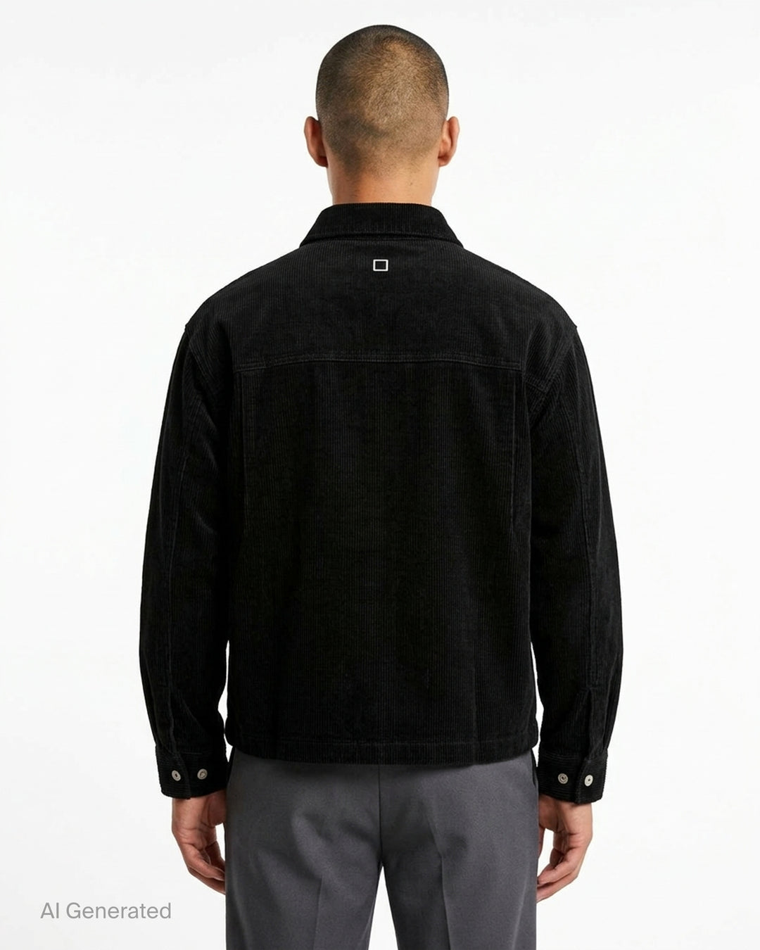 Wooyoungmi Washed Corduroy Overshirt in black, front view, showing ribbed texture, button fastening, chest pocket, and branding label at hem - back