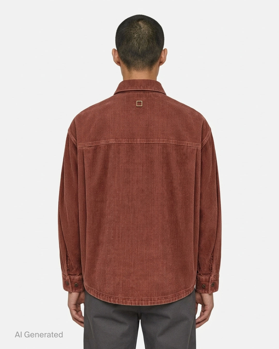 Wooyoungmi Washed Corduroy Overshirt in black, front view, showing ribbed texture, button fastening, chest pocket, and branding label at hem - back