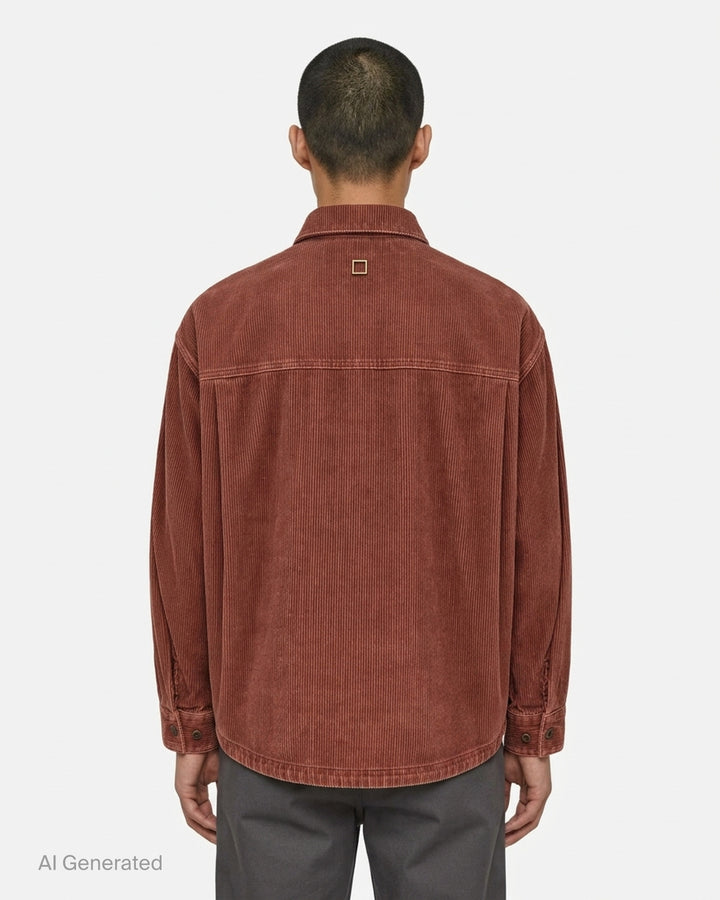Wooyoungmi Washed Corduroy Overshirt in black, front view, showing ribbed texture, button fastening, chest pocket, and branding label at hem - back