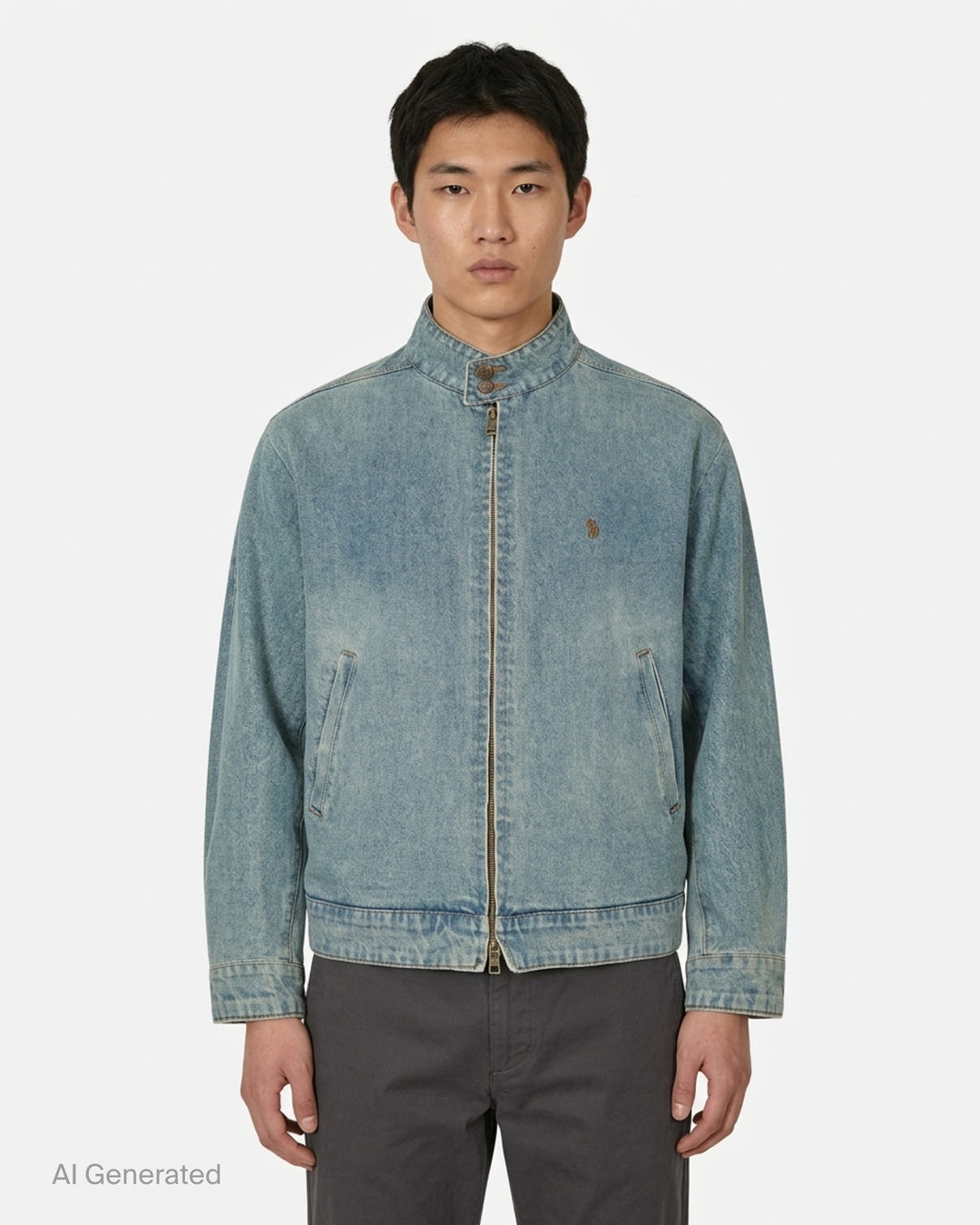 Wooyoungmi washed light indigo denim blouson with funnel collar, brass zip closure, hip pockets, and small logo embroidery on the chest - front