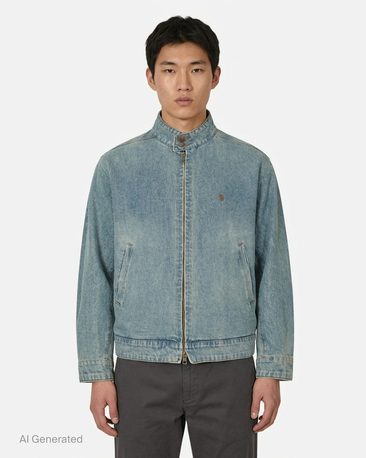 Wooyoungmi washed light indigo denim blouson with funnel collar, brass zip closure, hip pockets, and small logo embroidery on the chest - front