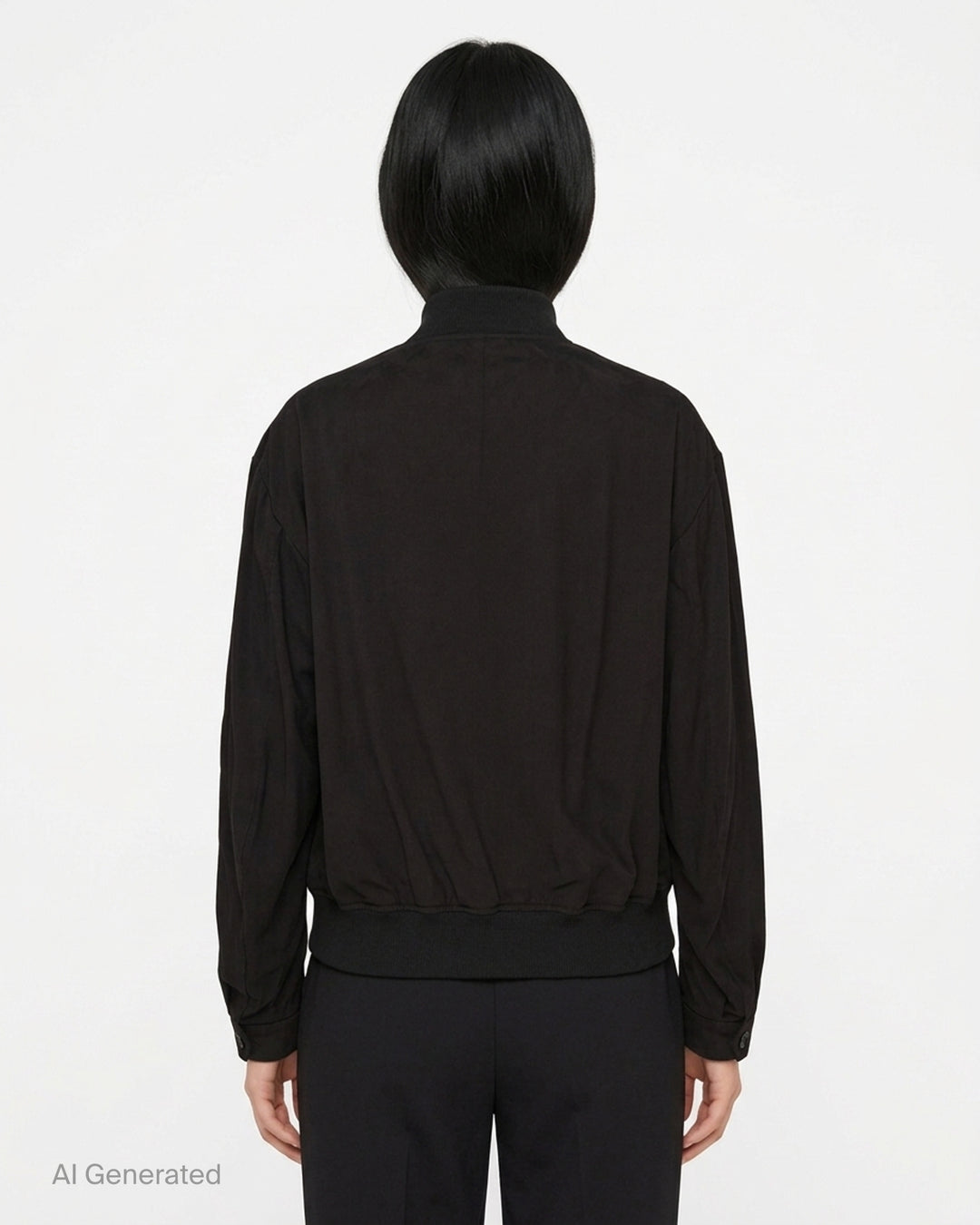Y's black bomber blouson with ribbed collar, double-zip front, slanted pockets and sleeve zip pocket, shown from the front - back