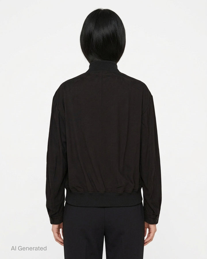 Y's black bomber blouson with ribbed collar, double-zip front, slanted pockets and sleeve zip pocket, shown from the front - back