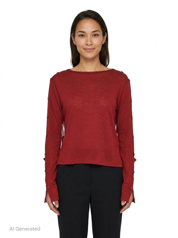 Y's red lightweight knit boat neck top with dark gunmetal buttons running along the full length of both long sleeves, shown flat on a white background - front