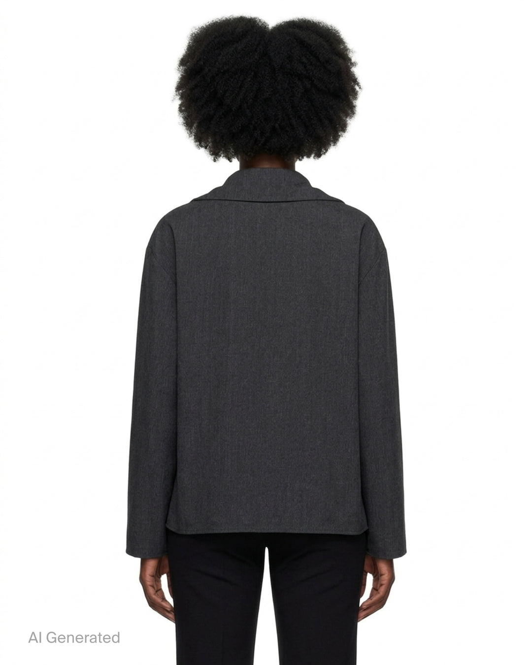 Y's charcoal grey draped asymmetric blouson with cascading ruffle front, notched collar and uneven hem - back