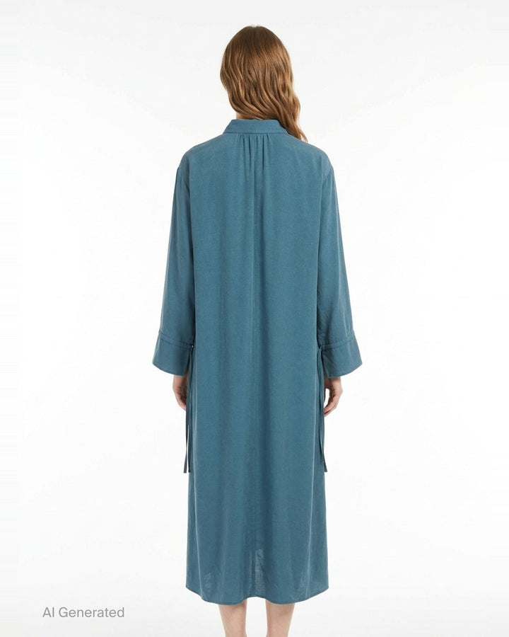 Y's teal blue gather collar shirt dress with tie neck, button front fastening, oversized patch pockets, and ribbon cuff ties, displayed flat on white background - back