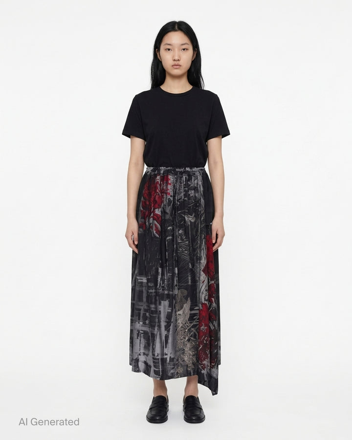 Y's gathered midi skirt in a black, grey and crimson abstract botanical print with drawstring waist and asymmetric draped hem - front