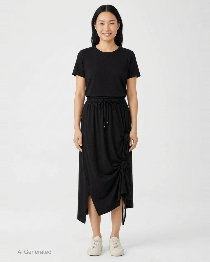 Y's Lace-Up String Flare Skirt in black, featuring elasticated waistband with ribbon tie, ruched drawstring knots, fluid drape, and asymmetric midi hem - front
