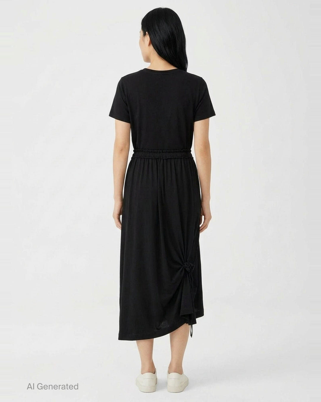 Y's Lace-Up String Flare Skirt in black, featuring elasticated waistband with ribbon tie, ruched drawstring knots, fluid drape, and asymmetric midi hem - back