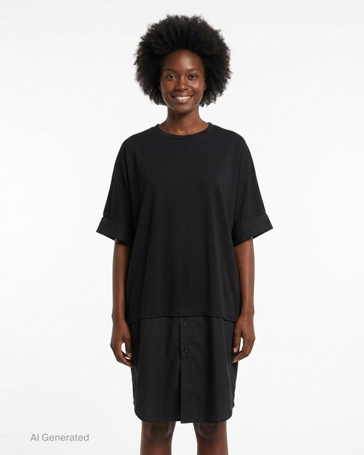 Y's black oversized round neck shirt dress with short folded cuffs, layered T-shirt upper, and buttoned skirt panel, displayed on white background - front