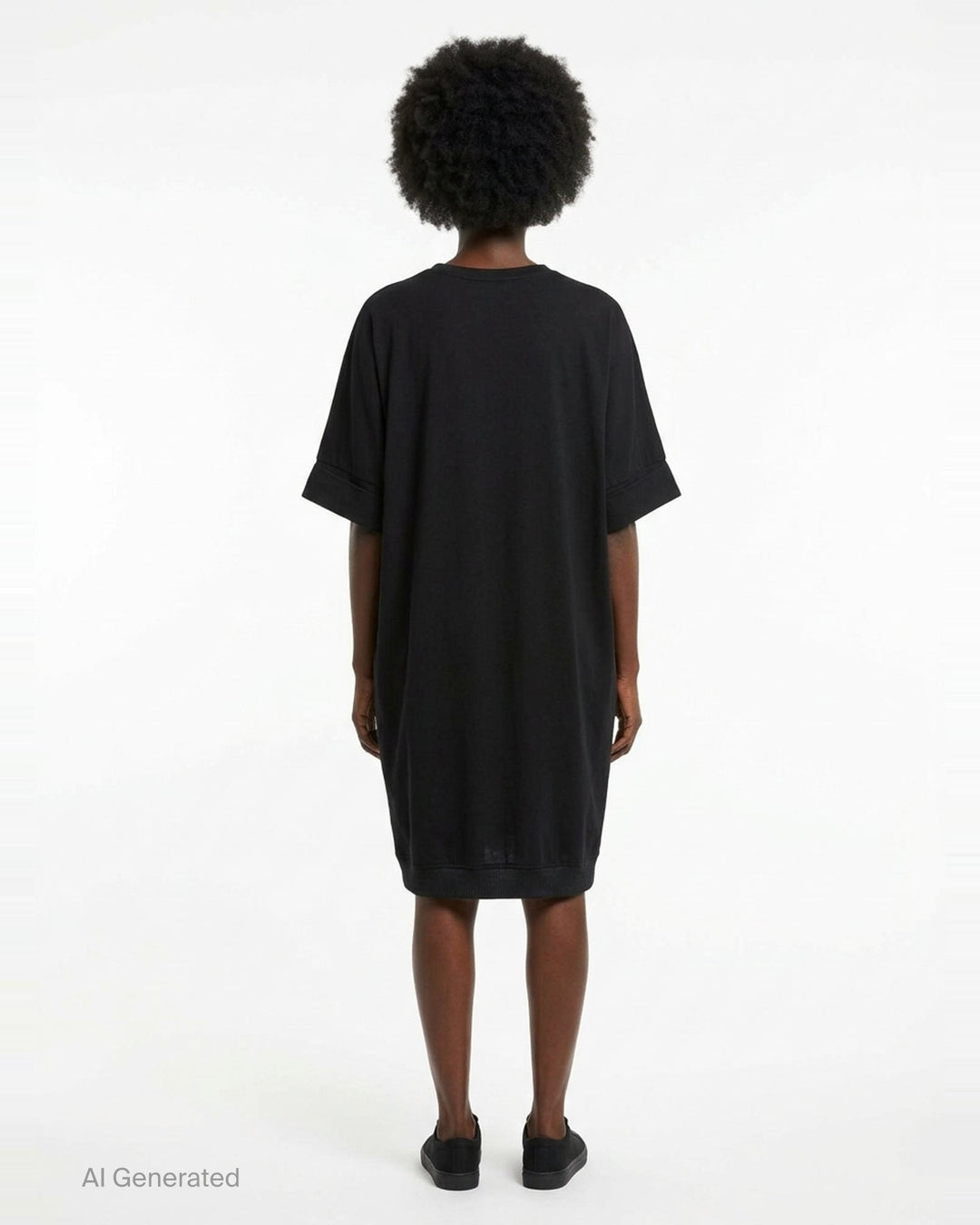 Y's black oversized round neck shirt dress with short folded cuffs, layered T-shirt upper, and buttoned skirt panel, displayed on white background - back