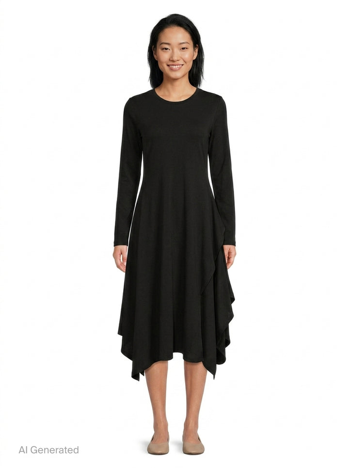 Yohji Yamamoto black long-sleeve asymmetric draped midi dress with cascading ruffle panel and handkerchief hem, front view on white background - front